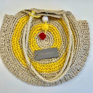 Expressions NYC - Round Straw Vegan Slouchy Tote - Yellow / Beige